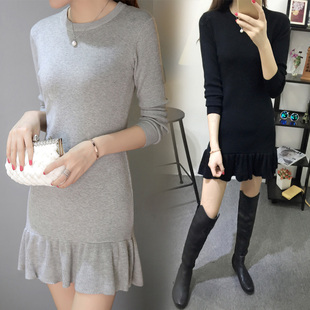 2015秋装新款女装 韩版修身显瘦圆领中长款针织套头毛衣女连衣裙