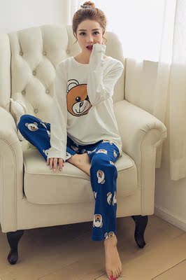 韩版春秋季女士可爱卡通小熊女款针织棉睡衣长袖宽松家居服套装