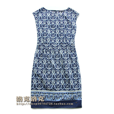 2015春夏新 女装蓝色复古图案纯棉洋装连衣裙断码特价