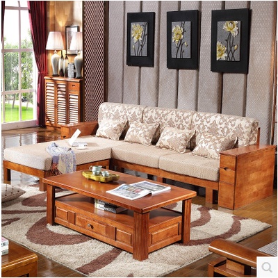 实木沙发组合新中式橡木全实木家具布艺贵妃木质沙发转角1