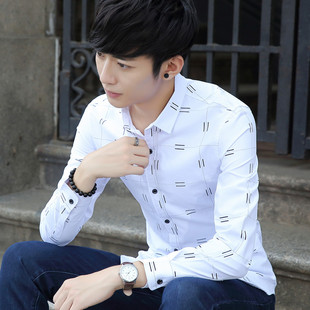 秋季新款男装流行长袖衬衫韩版修身男生格子青少年学生纯棉衬衣潮