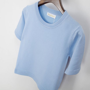 2015秋韩版短款百搭修身圆领套头短袖针织衫气质简约纯色T恤包邮