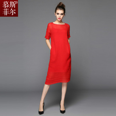 文艺范夏季连衣裙2015女装新款优雅气质亚麻宽松大红色连衣裙长裙