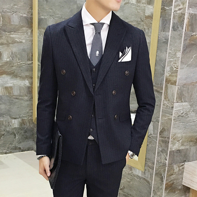 2016秋季韩版西装男西服三件套双排扣条纹修身男士外套男西服套装