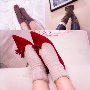 日系秋冬厚棉质粗线复古英伦菱格堆堆袜女士欧美风保暖小腿袜棉袜