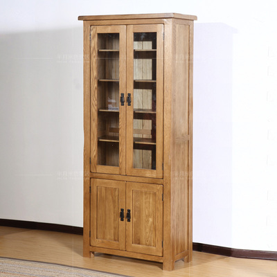 设计师家具 纯实木书柜 高档白橡木 六层书架 玻璃 双门书橱 书柜