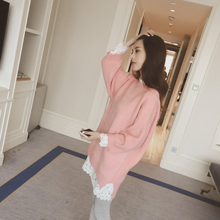 【天天特价】韩版粉色中长款宽松显瘦九分袖修身套头针织衫毛衣女