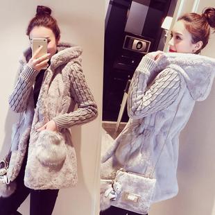 2015冬装新款韩版针织拼接毛绒加厚中长款长袖毛衣外套修身女装潮