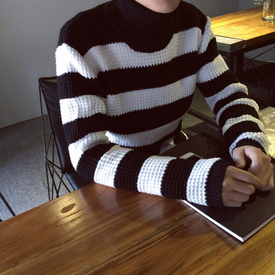 冬季男士毛衣高领韩版修身型拼接撞色条纹针织衫青少年加厚学生潮