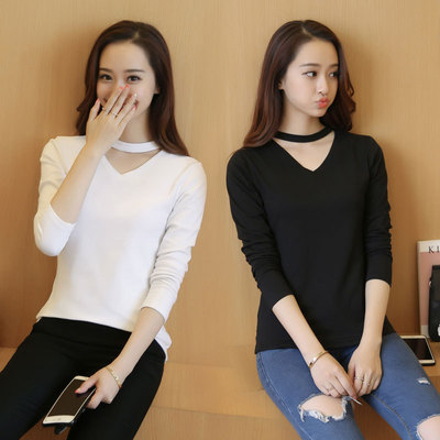 2016年秋季新款  女装 韩版镂空百搭显瘦v领t恤 女士长袖打底衫