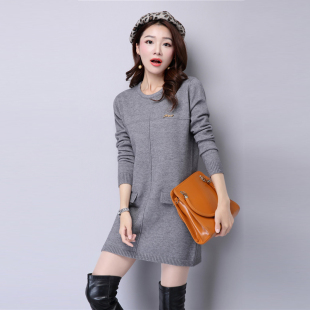 2015秋冬新款韩版女装修身显瘦套头中长款针织打底衫毛衣女 圆领