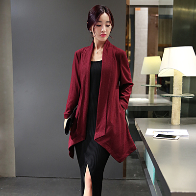 2015秋装新款修身显瘦韩版中长款女士毛呢外套百搭半开领长袖风衣