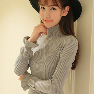 2015冬季新款韩版荷叶袖高领打底衫女长袖针织衫套头修身显瘦毛衣