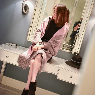 Yuki2015欧美秋冬新款双面羊绒貂绒披肩女流苏学生加厚长披风外套