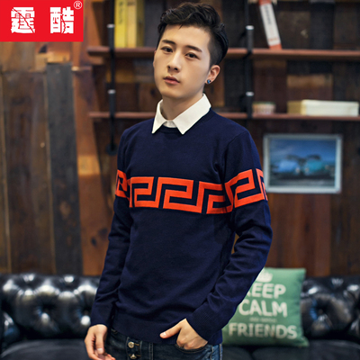 2015男装秋装新品 青少年男士针织衫 韩版男装几何套头纯棉毛衣
