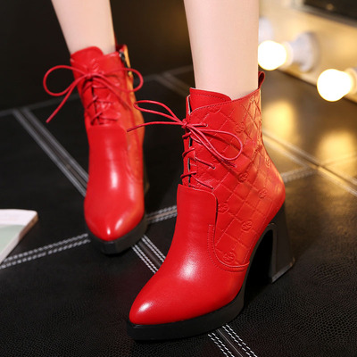 2015新款性感红色女靴短筒真皮欧美时尚系带尖头马丁靴女粗高跟潮
