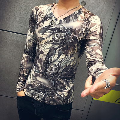 秋季个性印花长袖T恤韩版修身V领打底衫发型师潮流夜店男装薄上衣
