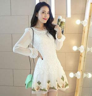 2015夏季韩版雪纺连衣裙 长袖女装蕾丝勾花大码 中长款显瘦打底裙