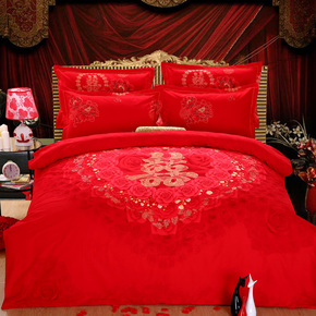 高档全棉磨毛婚庆大红四件套床单被套床上用品婚庆红色结婚 包邮