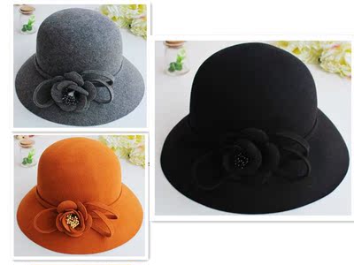 新款女帽子时尚秋冬英伦纯色礼帽花朵保暖盆帽羊毛呢帽优雅渔夫帽