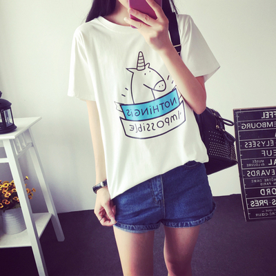 夏季新款韩版大码女装卡通学生宽松显瘦短袖T恤女上衣印花打底衫