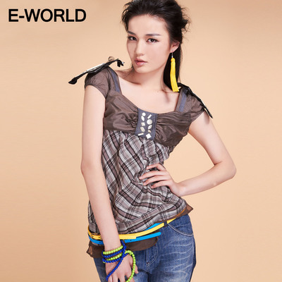 E-WORLD衣我的 2013女士夏款甜美方领真丝短袖T恤|H3288