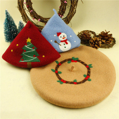 【Merry Christmas】雪人儿童女士羊毛毡圣诞礼物贝雷帽画家帽子