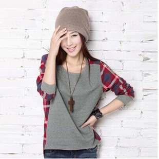 韩国代购2014秋装新款针织衫宽松格子拼接学院风不规则长袖T恤女