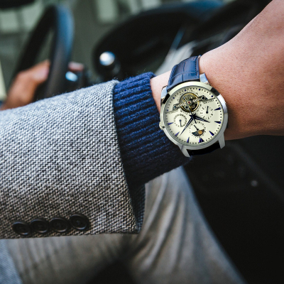 格卢恩陀飞轮镂空男表夜光男士机械手表商务时尚潮流腕表瑞士名表