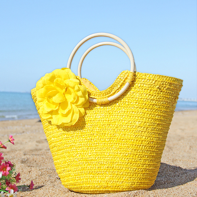 新款草编包大花朵手工编织包草包百搭沙滩包手提包海边度假女包包