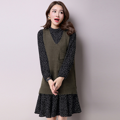 2016春装新款韩版长袖针织衫中长款宽松大码毛衣两件套打底连衣裙