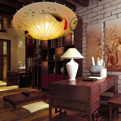 现代中式布艺伞灯 手绘吊灯 仿古客厅过道 简约创意灯罩茶楼灯具