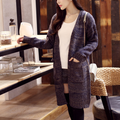 2015秋款女毛衣韩版外套中长版针织圆领口袋显瘦大码长袖宽松开衫