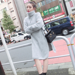 韩国代购2015新款女加厚水貂绒中长款羊毛衫开叉打底毛衣裙连衣裙