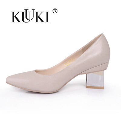 KUUKI高琪时尚尖头浅口光身高档电镀三角型粗跟女单鞋K41-31891S
