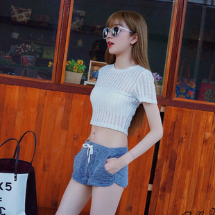 夏季新品 韩系时尚纯色简约修身显瘦百搭透视竖条纹短袖短款T恤女
