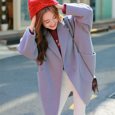2015冬装新款女装韩国代购毛呢大衣茧型中长款甜美毛呢外套显瘦潮