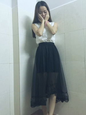 实拍2015韩版透视半身裙 半身中长裙蕾丝纱拼接半裙 不规则半身裙