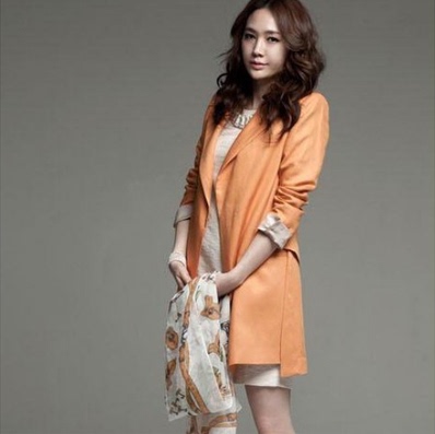 韩国代购 春秋新款韩版休闲修身中长款橘色亚麻西装女外套