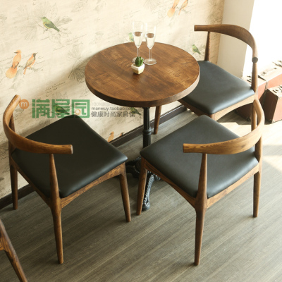 复古咖啡厅桌椅做旧美式乡村牛角椅 纯实木水曲柳餐西餐厅桌椅