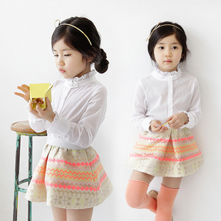 韩版中大童套装  2016春季新款女童花边立领衬衫+短裙两件套套装