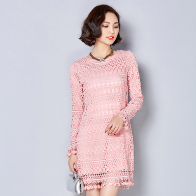 2016春季新款网纱连衣裙女  韩版修身中长款长袖打底裙
