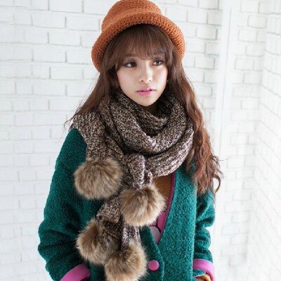 新款针织大兔毛球毛线围巾 2014新款冬季加厚针织韩版保暖加厚女