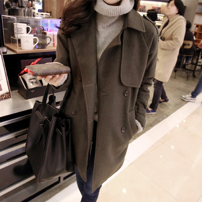 韩国代购2015秋冬新款韩版中长款呢子收腰风衣女大码显瘦毛呢外套