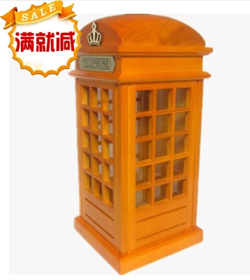 包邮 储蓄罐超大 红色电话亭存钱罐创意 可爱 木质零钱罐 英伦风