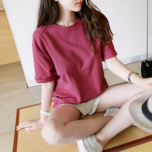 2016夏季韩版女t恤衫 学生休闲宽松纯棉短袖圆领上衣简约百搭体恤