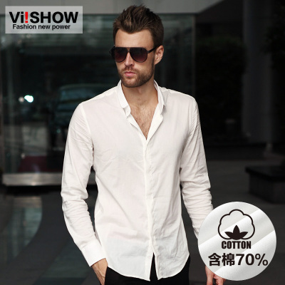 viishow2015白衬衫男春秋男士长袖衬衫薄款纯色潮修身男士衬衫