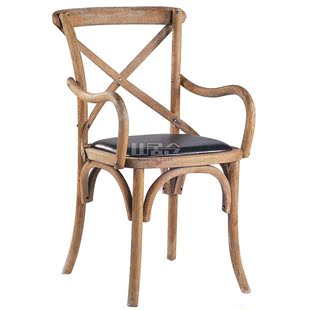 法美式乡村风化复古做旧橡木带扶手背叉椅实木咖啡椅交叉背餐椅