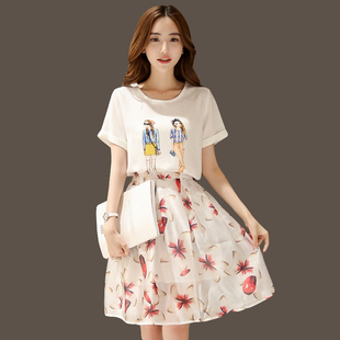 朵薇妮2015夏季新款小清新雪纺印花连衣裙韩版修身显瘦两件套裙子