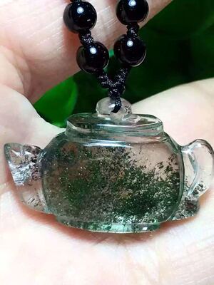 收藏级一图一物包邮纯天然水晶挂件聚宝盆绿幽灵茶壶吊坠颜色翠绿